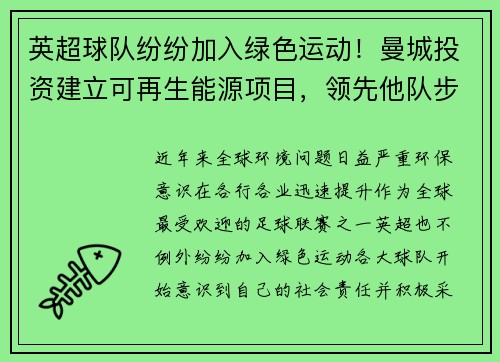 英超球队纷纷加入绿色运动！曼城投资建立可再生能源项目，领先他队步伐