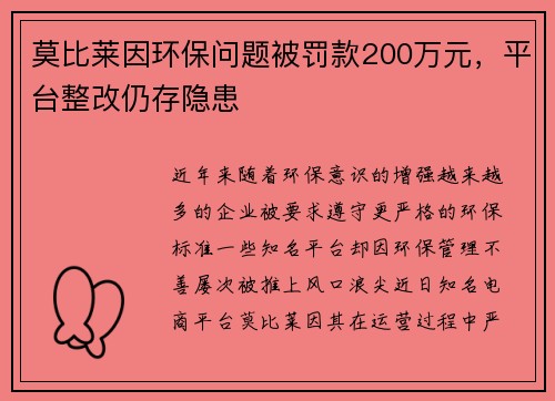 莫比莱因环保问题被罚款200万元，平台整改仍存隐患